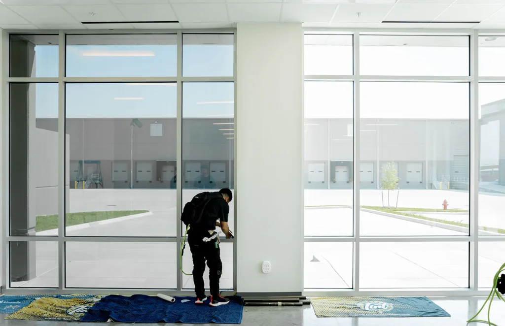 Professional installing commercial window film in office building